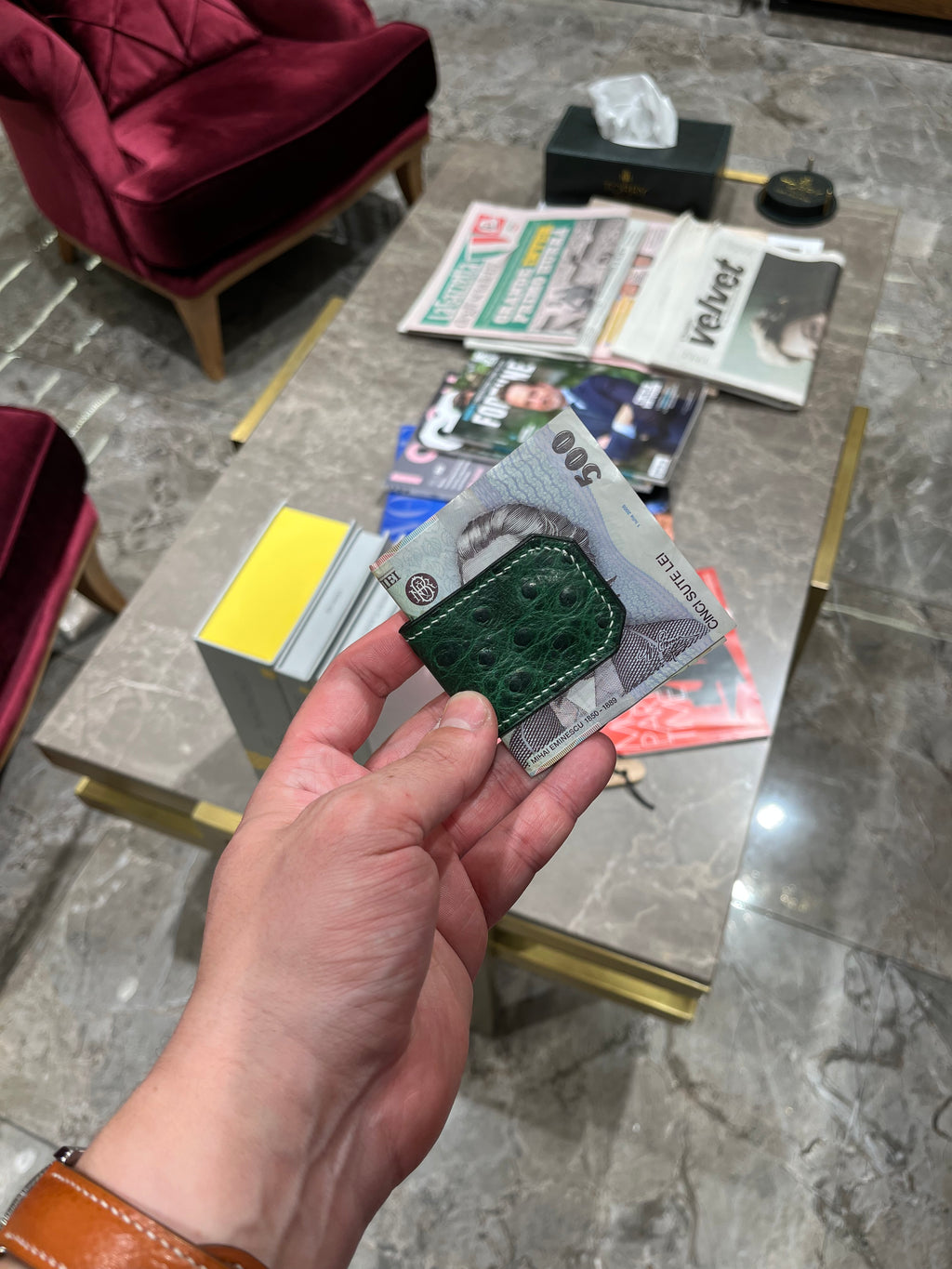 Handmade Green Ostrich Leather Magnetic Money Clip